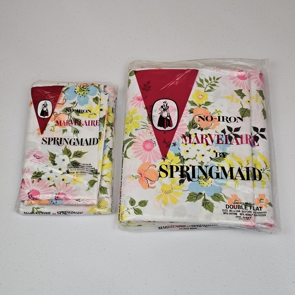 Vtg Springmaid Marvelaire Double Flat Sheet & 2 Pillowcases Multicolor Floral